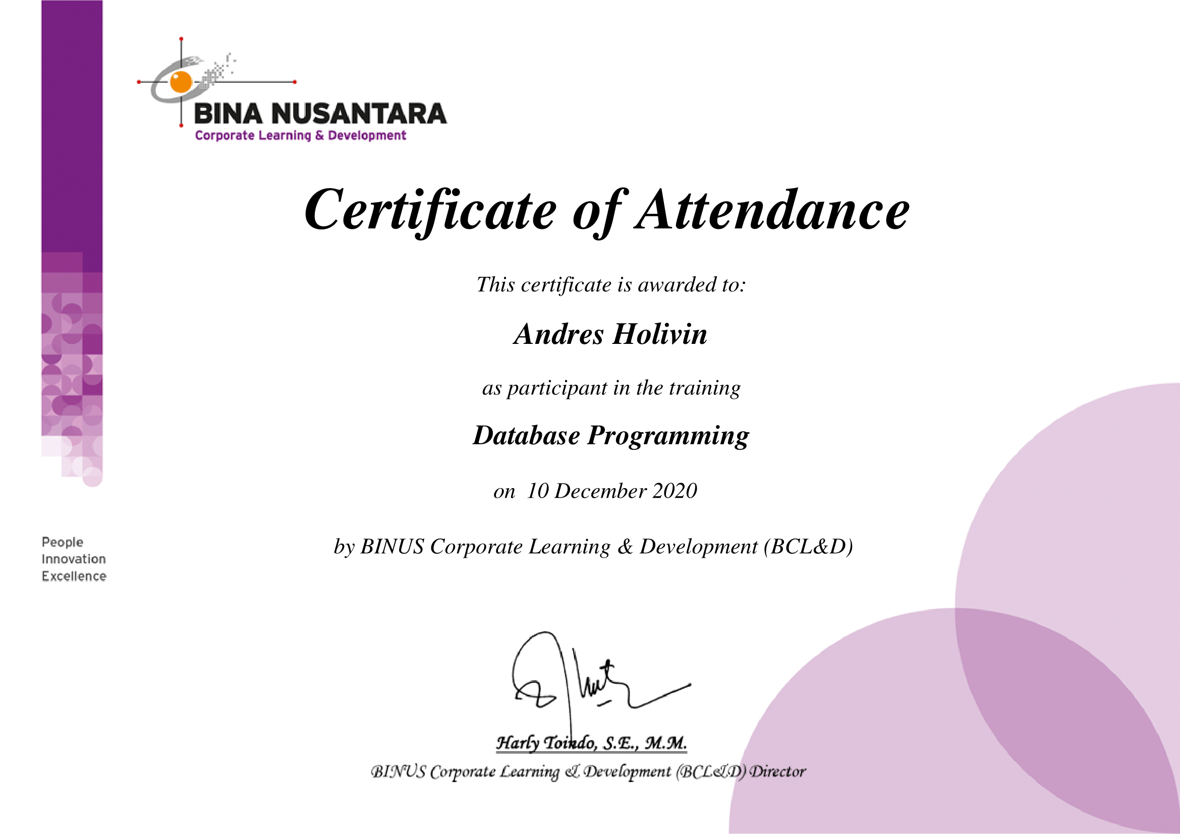 Database Certificate